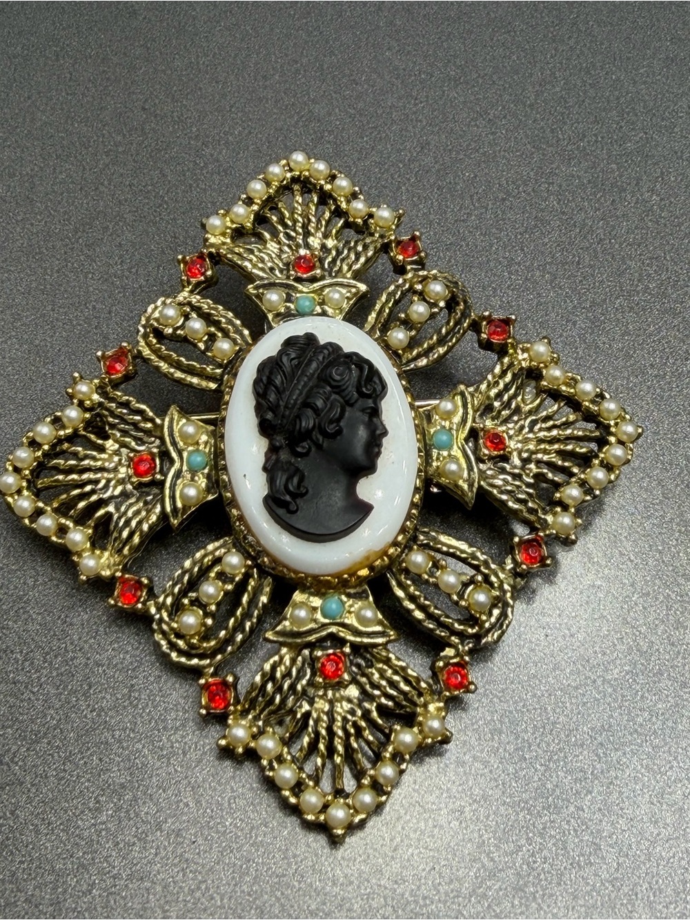 Vintage Black Cameo Brooch with Gold, Pearl & Red stones #6CAM